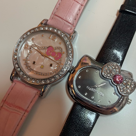 Hello Kitty Accessories - Hello Kitty Crystal Accent - Pink Leather and Black Leather - 2 Watches